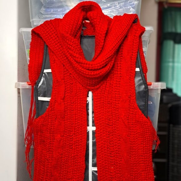 Red Knitted Cardigan Vest Sweater with Crochet Detail - Picture 1 of 9